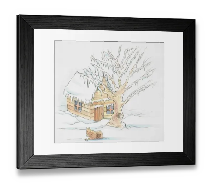 Framed Print : Snowy scene, wooden hut and tree covered with layer of snow, squirrel sitting in foreground eating nuts, side view Framed Print : Snowy scene, wooden hut and tree covered with layer of snow, squirrel sitting in foreground eating nuts, side view