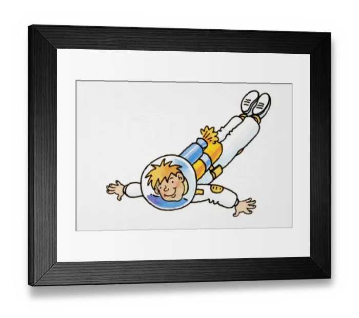 Framed Print : Cartoon, smiling blonde astronaut wearing spherical glass helmet and flaming rocket pack on his back, gliding in the air with straight legs and arms stretched out sideways Framed Print : Cartoon, smiling blonde astronaut wearing spherical glass helmet and flaming rocket pack on his back, gliding in the air with straight legs and arms stretched out sideways
