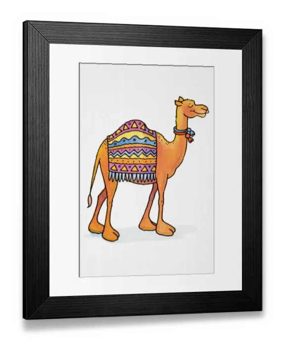 Framed Print : Cartoon, smiling Dromedary (Camelus dromedarius) standing with its eyes closed, two colourful collars around its neck and patterned rug draped across its back, side view Framed Print : Cartoon, smiling Dromedary (Camelus dromedarius) standing with its eyes closed, two colourful collars around its neck and patterned rug draped across its back, side view