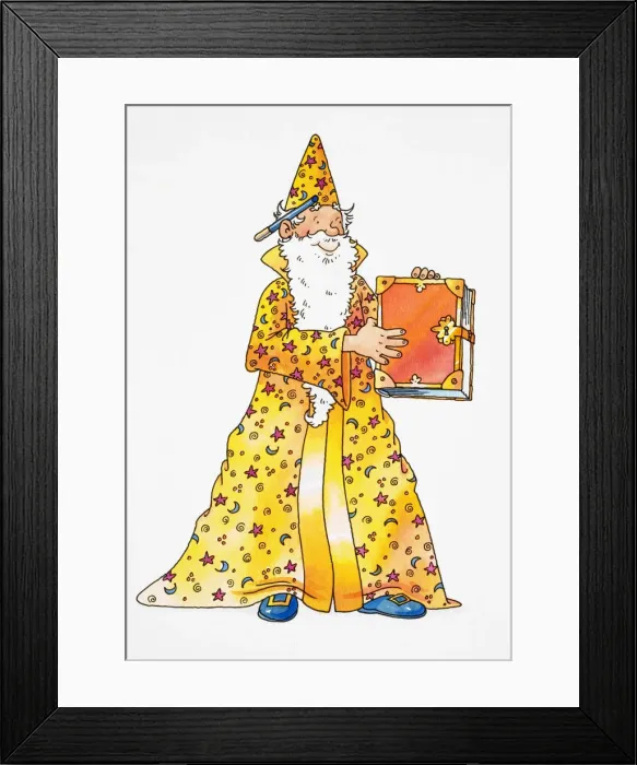 Framed Print : Cartoon, smiling wizard with long white beard, matching yellow cape and hat, and blue wand behind his ear holding up red magic book Framed Print : Cartoon, smiling wizard with long white beard, matching yellow cape and hat, and blue wand behind his ear holding up red magic book