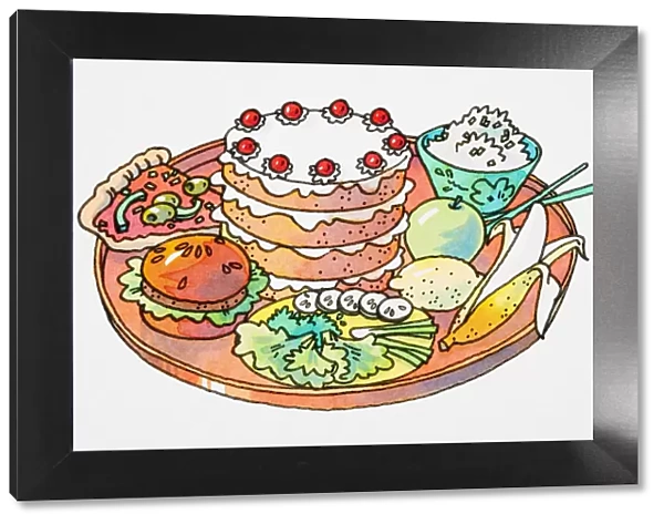 Cartoon, selection of foods on round tray, decorated layer cake, slice of pizza, hamburger, green salad, partially peeled banana, whole lemon, green apple