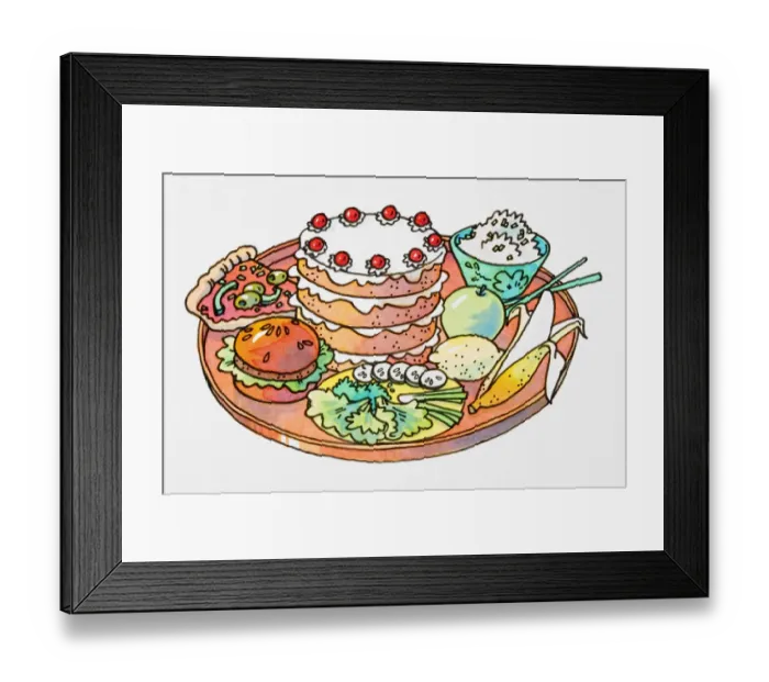 Framed Print : Cartoon, selection of foods on round tray, decorated layer cake, slice of pizza, hamburger, green salad, partially peeled banana, whole lemon, green apple Framed Print : Cartoon, selection of foods on round tray, decorated layer cake, slice of pizza, hamburger, green salad, partially peeled banana, whole lemon, green apple