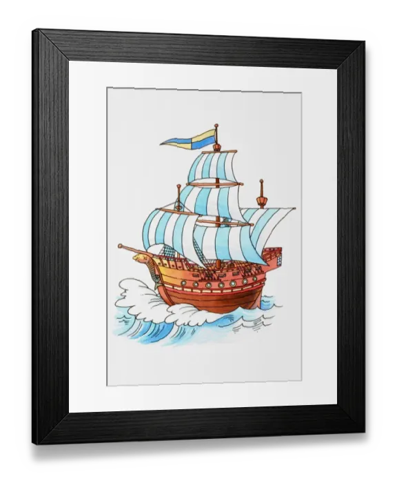 Framed Print : Cartoon, wooden sailing ship sailing on turbulent sea