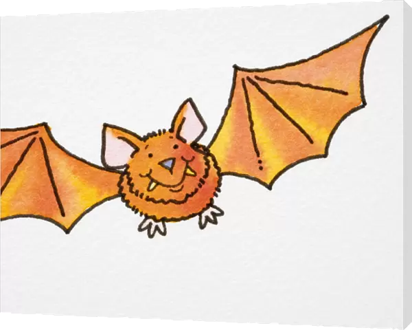 Smiling orange cartoon bat in flight, front view