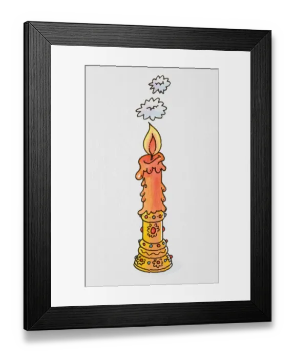 Framed Print : Cartoon, smiling candle on ornate gold candlestick Framed Print : Cartoon, smiling candle on ornate gold candlestick
