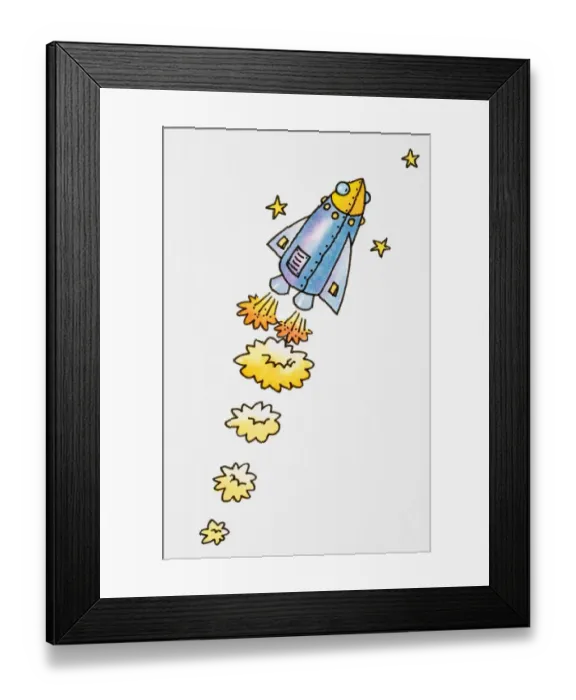 Framed Print : Cartoon, flying rocket blowing out flames and smoke from its exhaust Framed Print : Cartoon, flying rocket blowing out flames and smoke from its exhaust