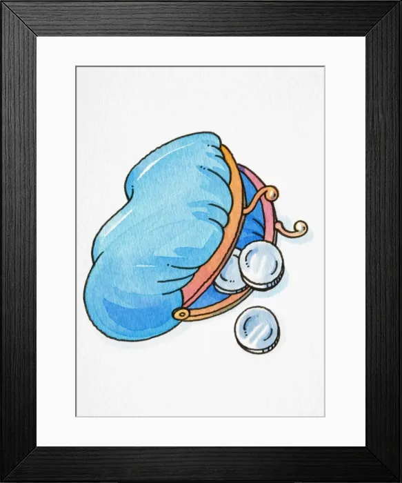 Framed Print : Silver coins spilling out of open blue purse Framed Print : Silver coins spilling out of open blue purse
