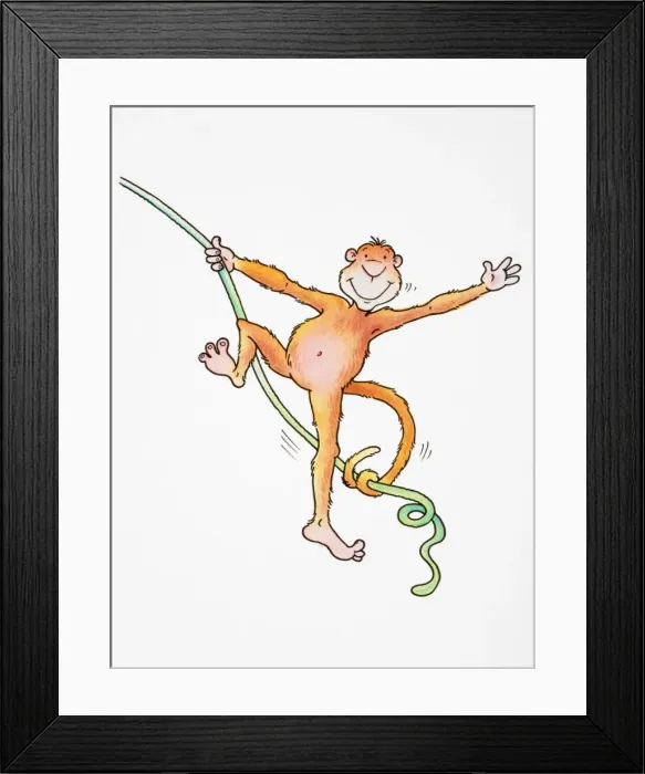 Framed Print : Cartoon, smiling monkey swinging and waving with its tail wrapped around rope Framed Print : Cartoon, smiling monkey swinging and waving with its tail wrapped around rope