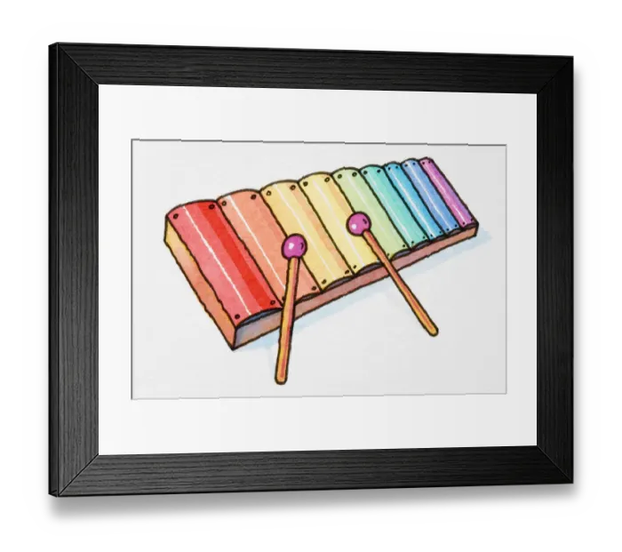 Framed Print : Cartoon, multicoloured metallophone with pair of mallets Framed Print : Cartoon, multicoloured metallophone with pair of mallets