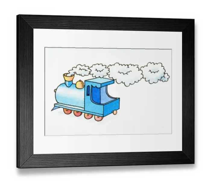 Framed Print : Cartoon, steam train locomotive blowing steam out of its chimney, side view Framed Print : Cartoon, steam train locomotive blowing steam out of its chimney, side view