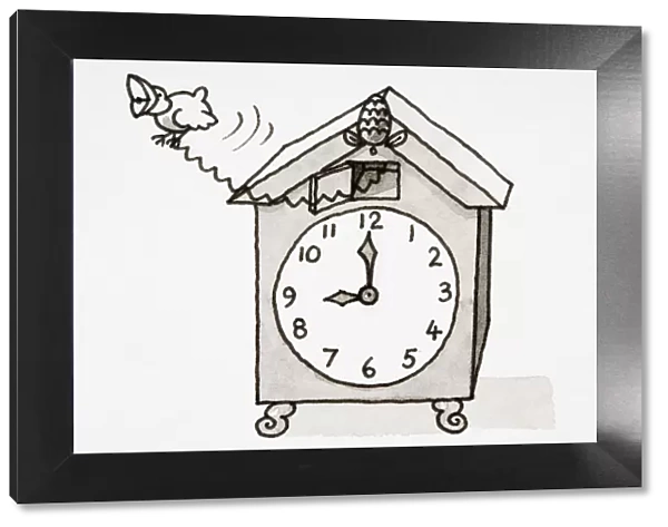 Cartoon, cuckoo clock with hands pointing to nine o clock
