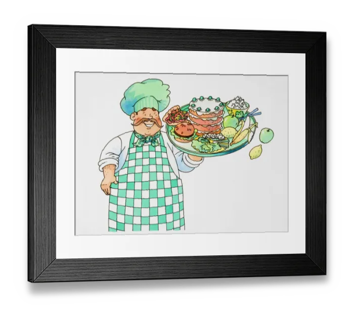 Framed Print : Smiling chef with moustache, checked apron and green chefs hat holding up tray stacked with food with one hand, front view