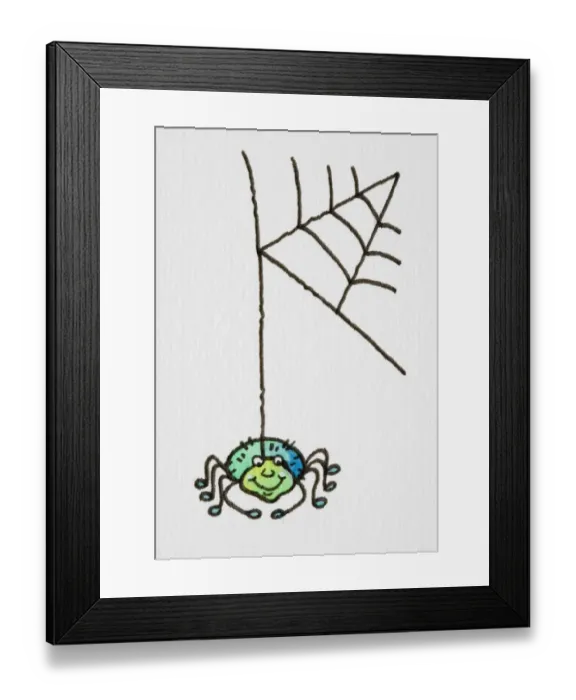 Framed Print : Cartoon, smiling green spider dangling on strand from web, front view Framed Print : Cartoon, smiling green spider dangling on strand from web, front view