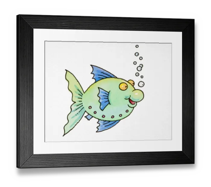 Framed Print : Cartoon, green fish with blue fins and gills, smiling with air bubbles rising from its mouth, side view Framed Print : Cartoon, green fish with blue fins and gills, smiling with air bubbles rising from its mouth, side view