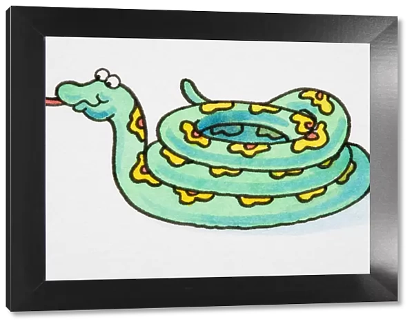 Cartoon, green snake with yellow pattern, coiled with its tongue sticking out, side view