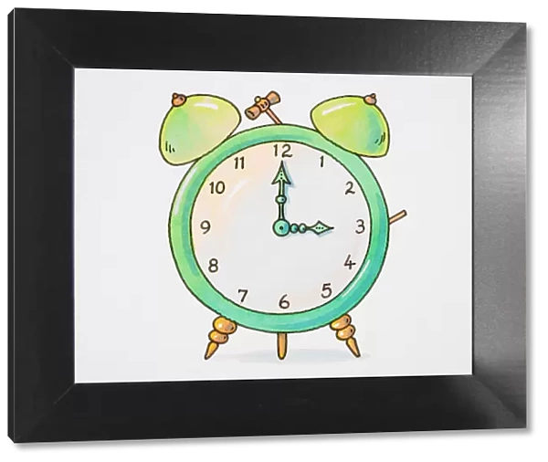 Cartoon, alarm clock with bells, hands pointing to three o clock