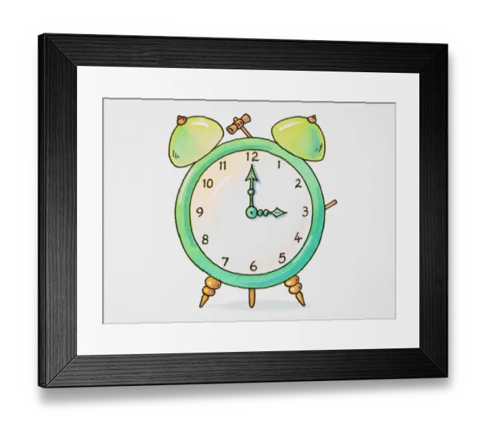 Framed Print : Cartoon, alarm clock with bells, hands pointing to three o clock Framed Print : Cartoon, alarm clock with bells, hands pointing to three o clock