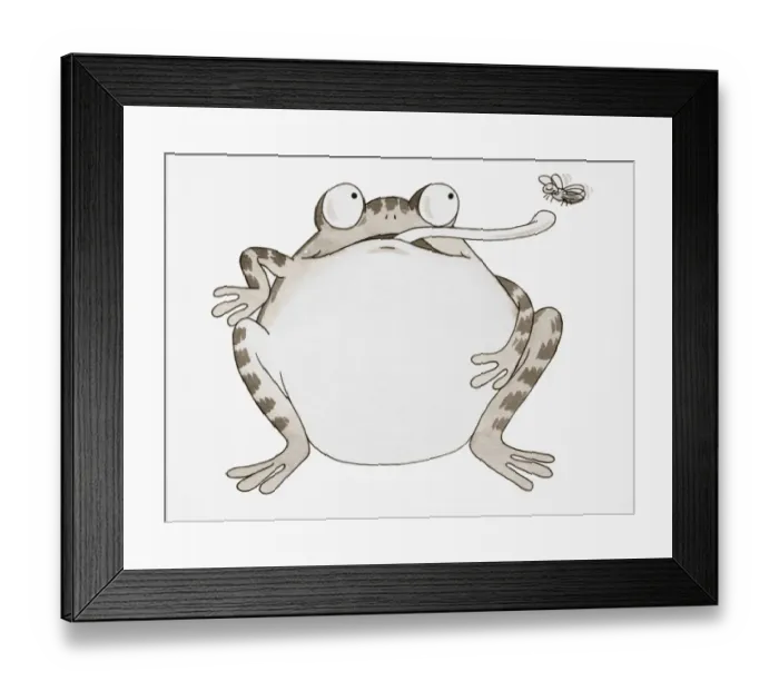 Framed Print : Cartoon, Frog looking up and sticking out its long tongue to catch Fly, front view Framed Print : Cartoon, Frog looking up and sticking out its long tongue to catch Fly, front view