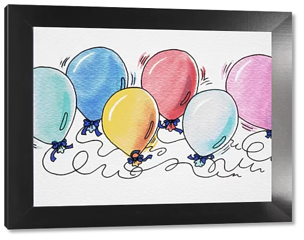 Cartoon, colourful selection of six balloons tied with blue bows and attached to pieces of string