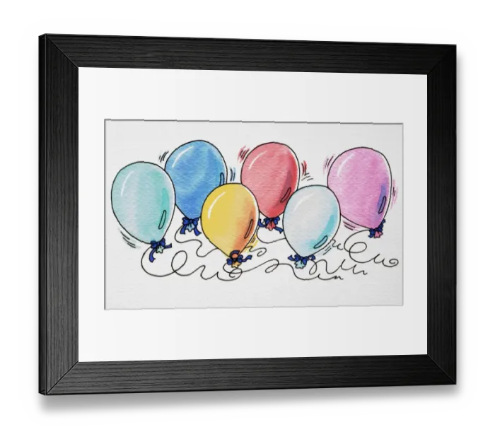 Framed Print : Cartoon, colourful selection of six balloons tied with blue bows and attached to pieces of string