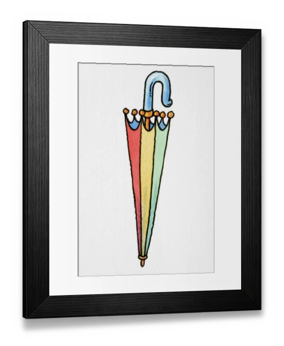 Framed Print : Cartoon, closed colourful umbrella with curved blue handle Framed Print : Cartoon, closed colourful umbrella with curved blue handle
