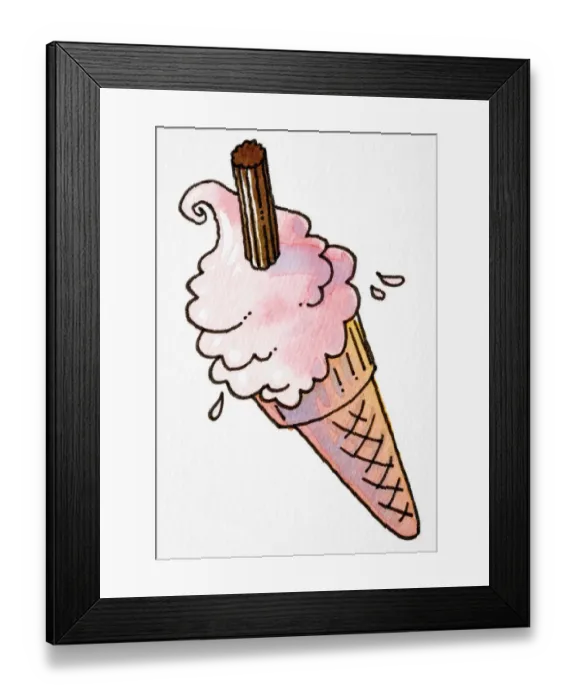 Framed Print : Cartoon, pink ice cream with chocolate flake in wafer cone