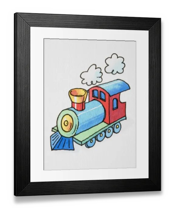 Framed Print : Cartoon, colourful steam train locomotive blowing steam out of its chimney, elevated view Framed Print : Cartoon, colourful steam train locomotive blowing steam out of its chimney, elevated view