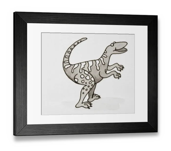 Framed Print : Cartoon, smiling Dinosaur standing with its tail curled up, side view Framed Print : Cartoon, smiling Dinosaur standing with its tail curled up, side view