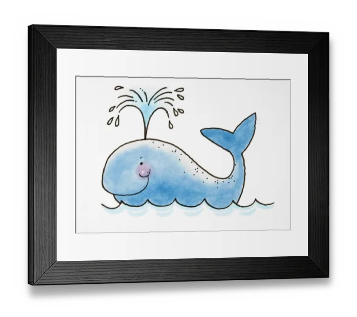 Framed Print : Cartoon, smiling whale spouting water from its blowhole, side view Framed Print : Cartoon, smiling whale spouting water from its blowhole, side view