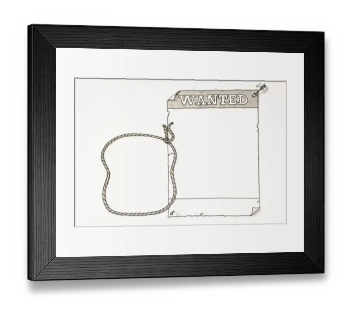 Framed Print : Cartoon, blank wanted poster pinned up with two drawing pins and small arrow, rope noose
