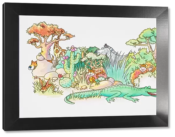 Cartoon, jungle scene with variety of animal species emerging from behind rocks and vegetation, Giraffe, Monkey, Zebra, Cat, Frog, Rabbit, Crocodile, Dog