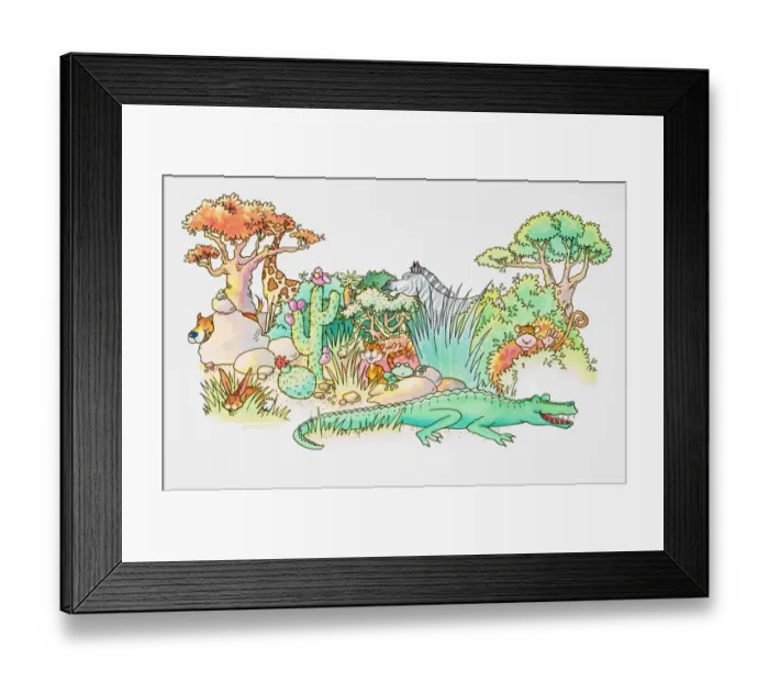 Framed Print : Cartoon, jungle scene with variety of animal species emerging from behind rocks and vegetation, Giraffe, Monkey, Zebra, Cat, Frog, Rabbit, Crocodile, Dog Framed Print : Cartoon, jungle scene with variety of animal species emerging from behind rocks and vegetation, Giraffe, Monkey, Zebra, Cat, Frog, Rabbit, Crocodile, Dog