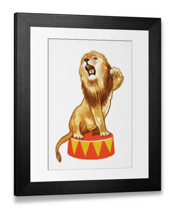 Framed Print : Panthera leo, Lion sitting on round circus podium roaring and raising one of its paws in the air, Cartoon Framed Print : Panthera leo, Lion sitting on round circus podium roaring and raising one of its paws in the air, Cartoon
