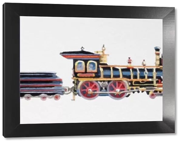 Ornately decorated steam train with black locomotive and a long red carriage, side view