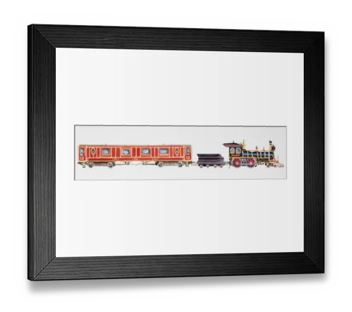 Framed Print : Ornately decorated steam train with black locomotive and a long red carriage, side view Framed Print : Ornately decorated steam train with black locomotive and a long red carriage, side view