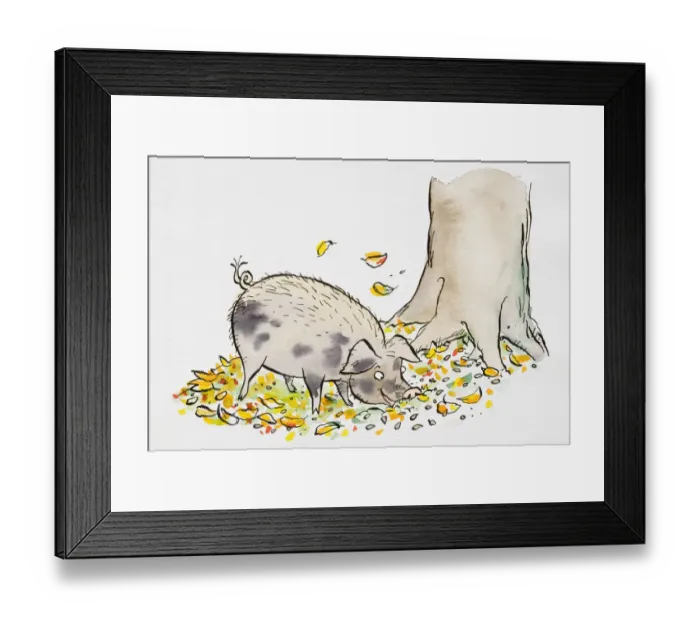 Framed Print : Cartoon of smiling grey wild Pig grazing by the foot of tree trunk, autumn leaves scattered on grass, side view Framed Print : Cartoon of smiling grey wild Pig grazing by the foot of tree trunk, autumn leaves scattered on grass, side view