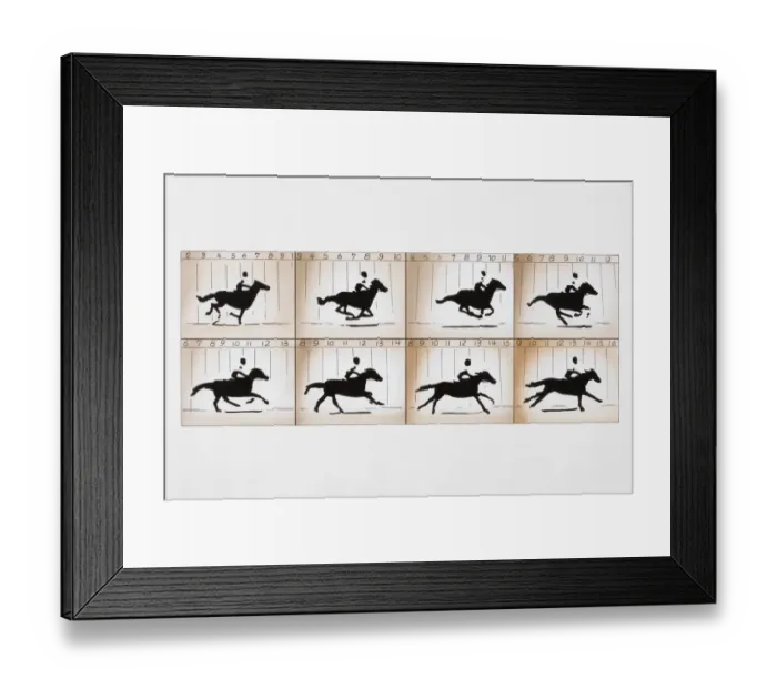 Framed Print : Photographic frames on two film strips depicting action sequence of man riding horse Framed Print : Photographic frames on two film strips depicting action sequence of man riding horse