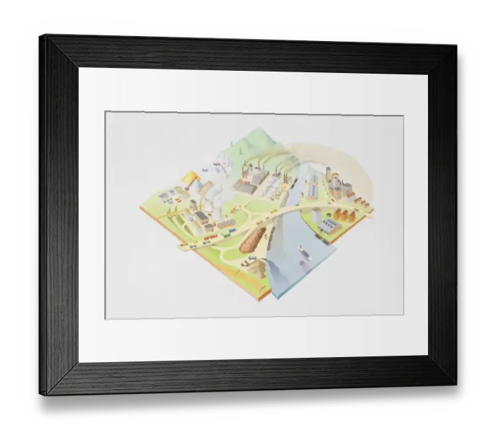Framed Print : Industrial plant on one side of the river, pollution travelling across to town on the other side Framed Print : Industrial plant on one side of the river, pollution travelling across to town on the other side