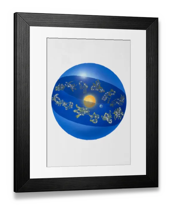 Framed Print : Illustration of the zodiac, and constellations in a globe circling the sun Framed Print : Illustration of the zodiac, and constellations in a globe circling the sun