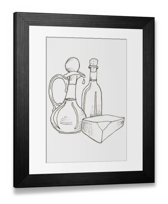 Framed Print : Line drawing of foods that provide fats and oils, including block of cheese Framed Print : Line drawing of foods that provide fats and oils, including block of cheese
