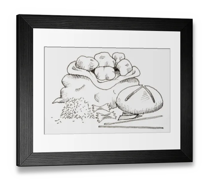 Framed Print : Line drawing of foods that provide carbohydrates, including potatoes, bread, and pasta Framed Print : Line drawing of foods that provide carbohydrates, including potatoes, bread, and pasta