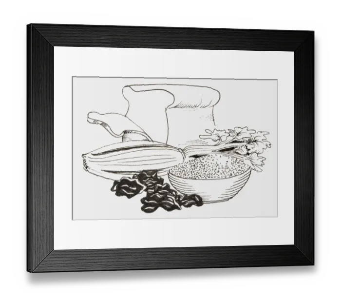 Framed Print : Line drawing of foods that provide fiber including bread, corn, cereal Framed Print : Line drawing of foods that provide fiber including bread, corn, cereal