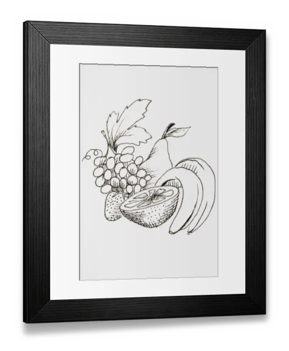 Framed Print : Line drawing of fruit including bananas, pear and grapes