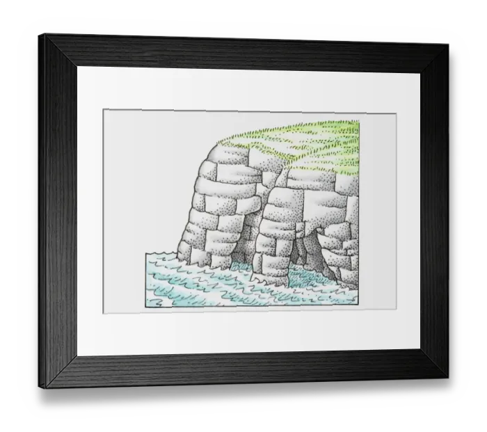 Framed Print : Illustration of base of cliffs worn away by water erosion, forming arches Framed Print : Illustration of base of cliffs worn away by water erosion, forming arches