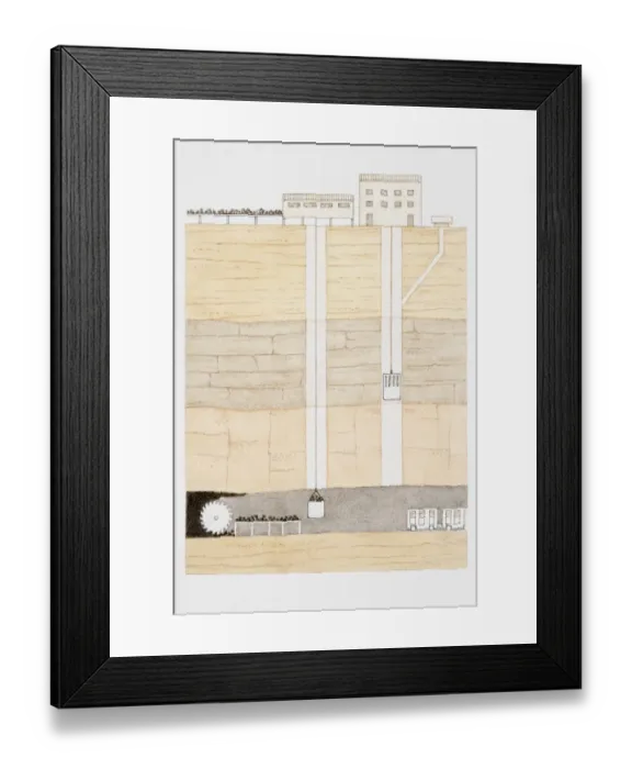 Framed Print : Coal mine showing two shafts, coal miners lift, and lift to transport coal to surface, diagram