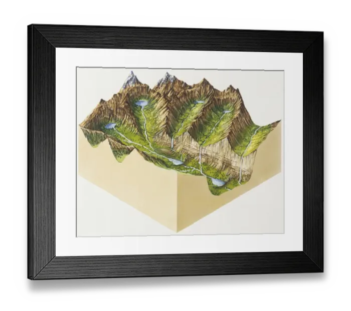 Framed Print : Artwork showing an area of landscape moulded by glaciers