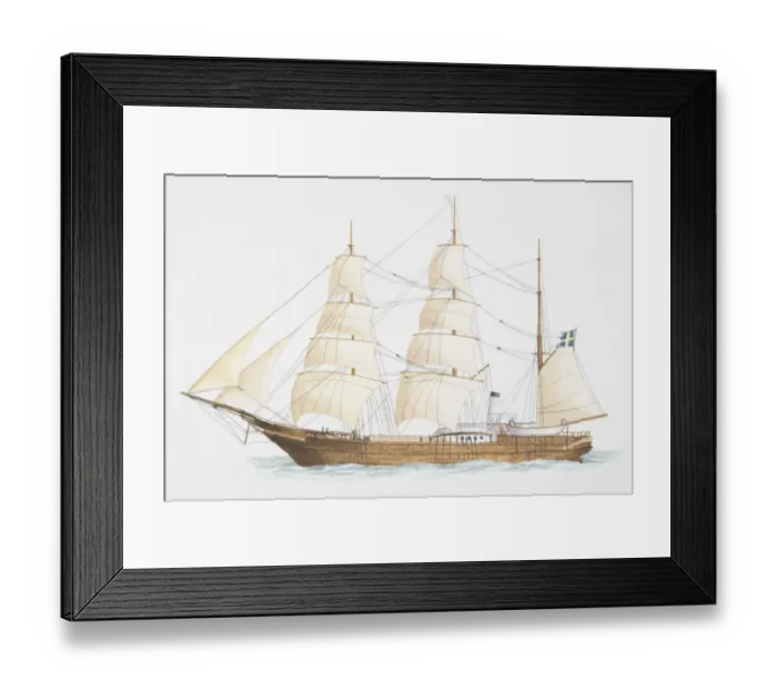 Framed Print : Illustration, three-mast wooden sailing ship flying the Swedish flag, side view Framed Print : Illustration, three-mast wooden sailing ship flying the Swedish flag, side view