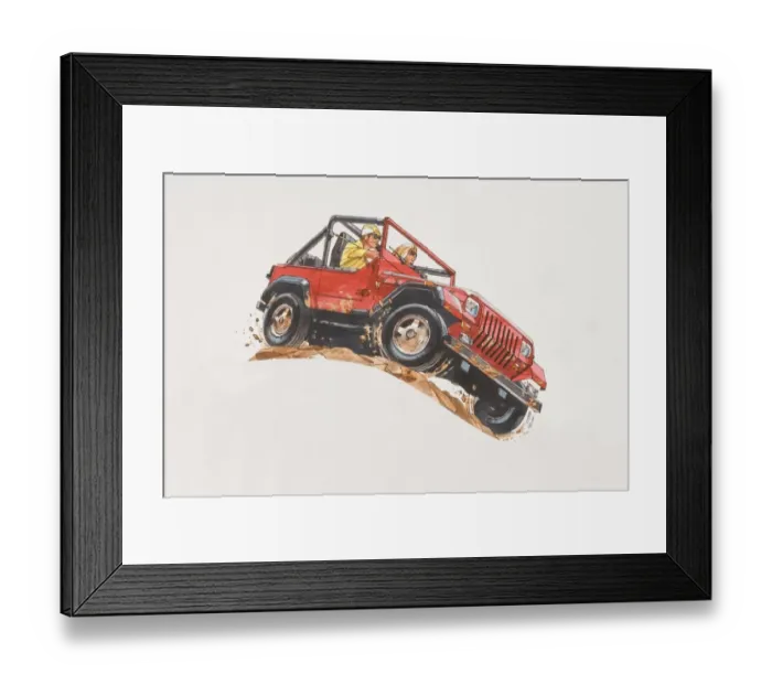 Framed Print : Illustration, man and woman driving small red jeep over sand hill, low angle view Framed Print : Illustration, man and woman driving small red jeep over sand hill, low angle view