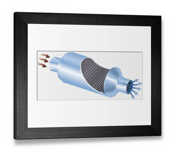 Framed Print : Illustration, cross-section diagram of catalytic converter with arrows indicating the direction of emissions flow