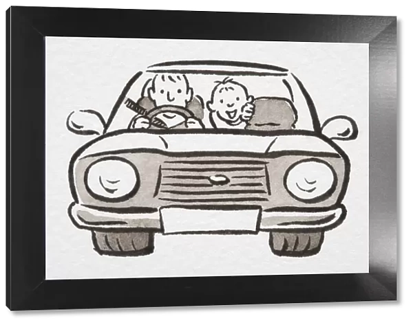Illustration, man driving car with smiling boy in the back seat, front view